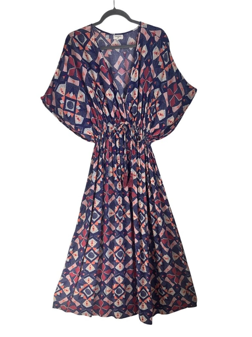 World Market S/M Boho Purple Flowy Maxi Dress Kimono Geometric Elastic Waist